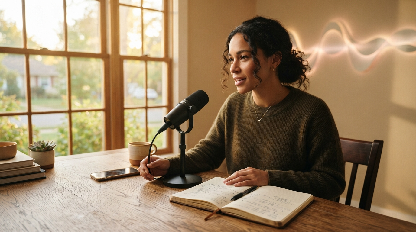 Person speaking into a microphone while reviewing notes at a desk