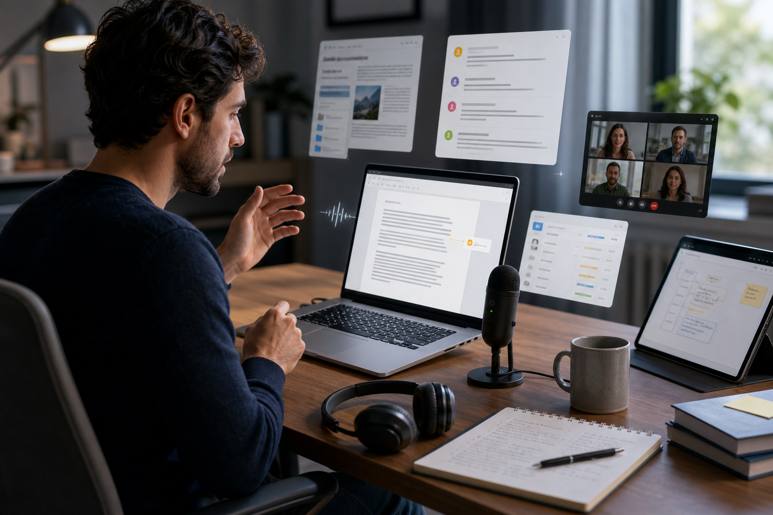 A writer dictating a long draft into a collaborative document on a laptop while switching between notes, comments, and other work apps