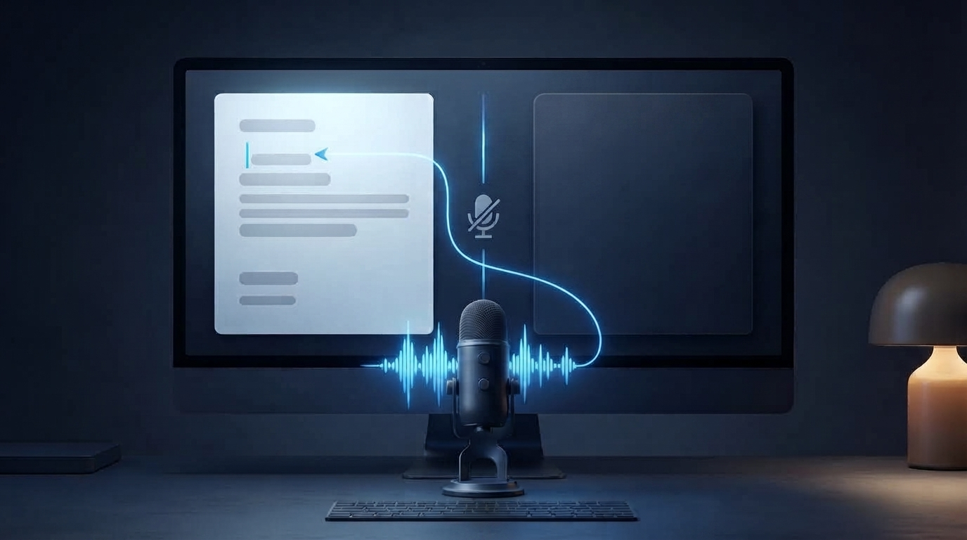 Abstract desktop showing voice input routed around a blocked browser panel into a document cursor
