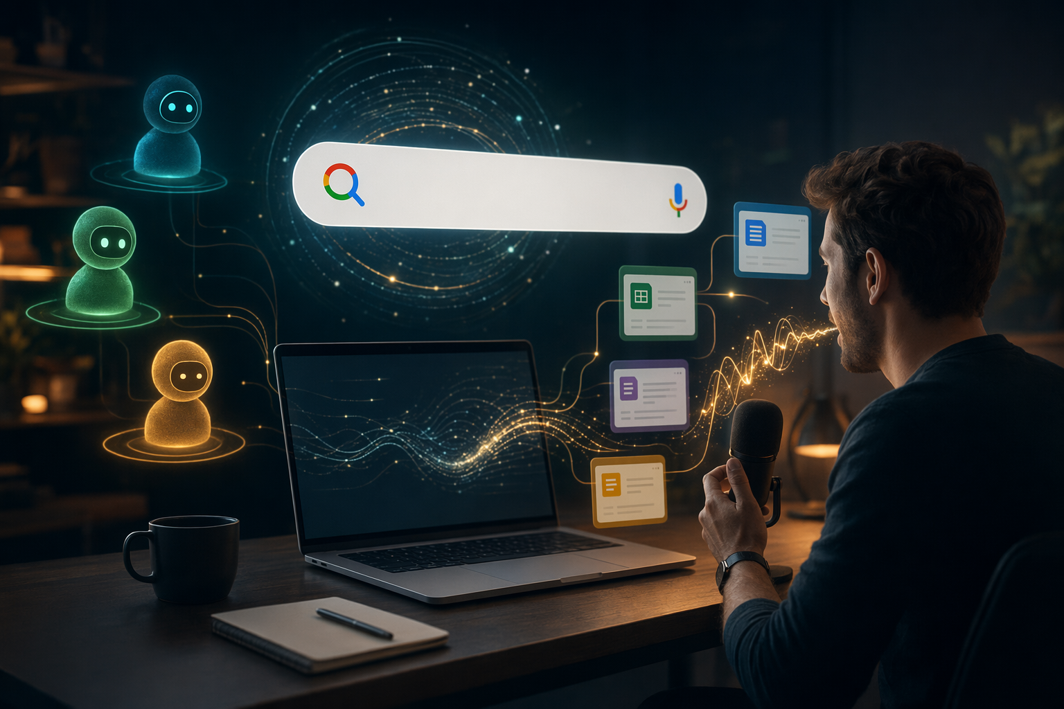 Editorial illustration of conversational search and dictation cleanup