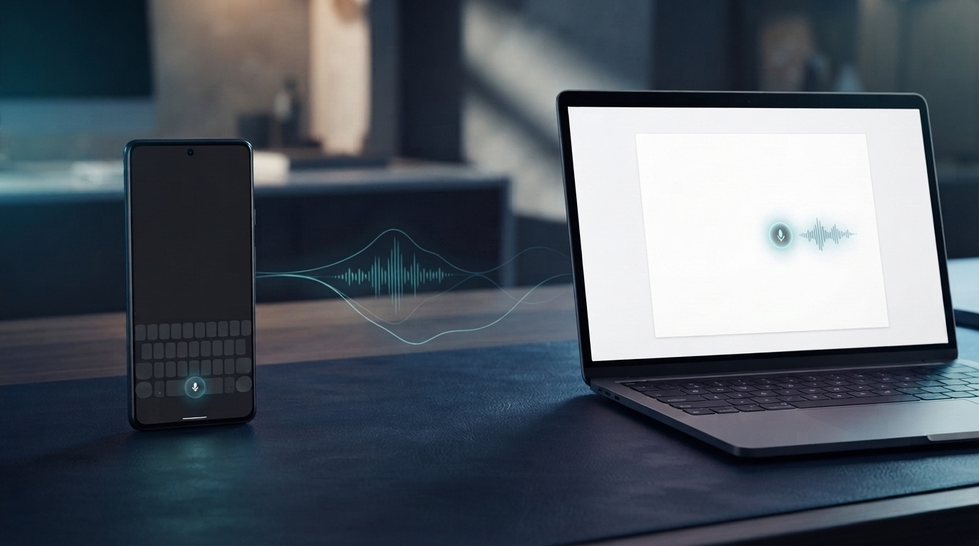 An unbranded Android phone keyboard and a laptop document connected by voice waveforms
