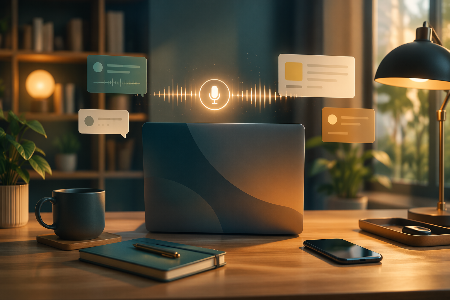Editorial illustration of voice-first productivity in a modern workspace