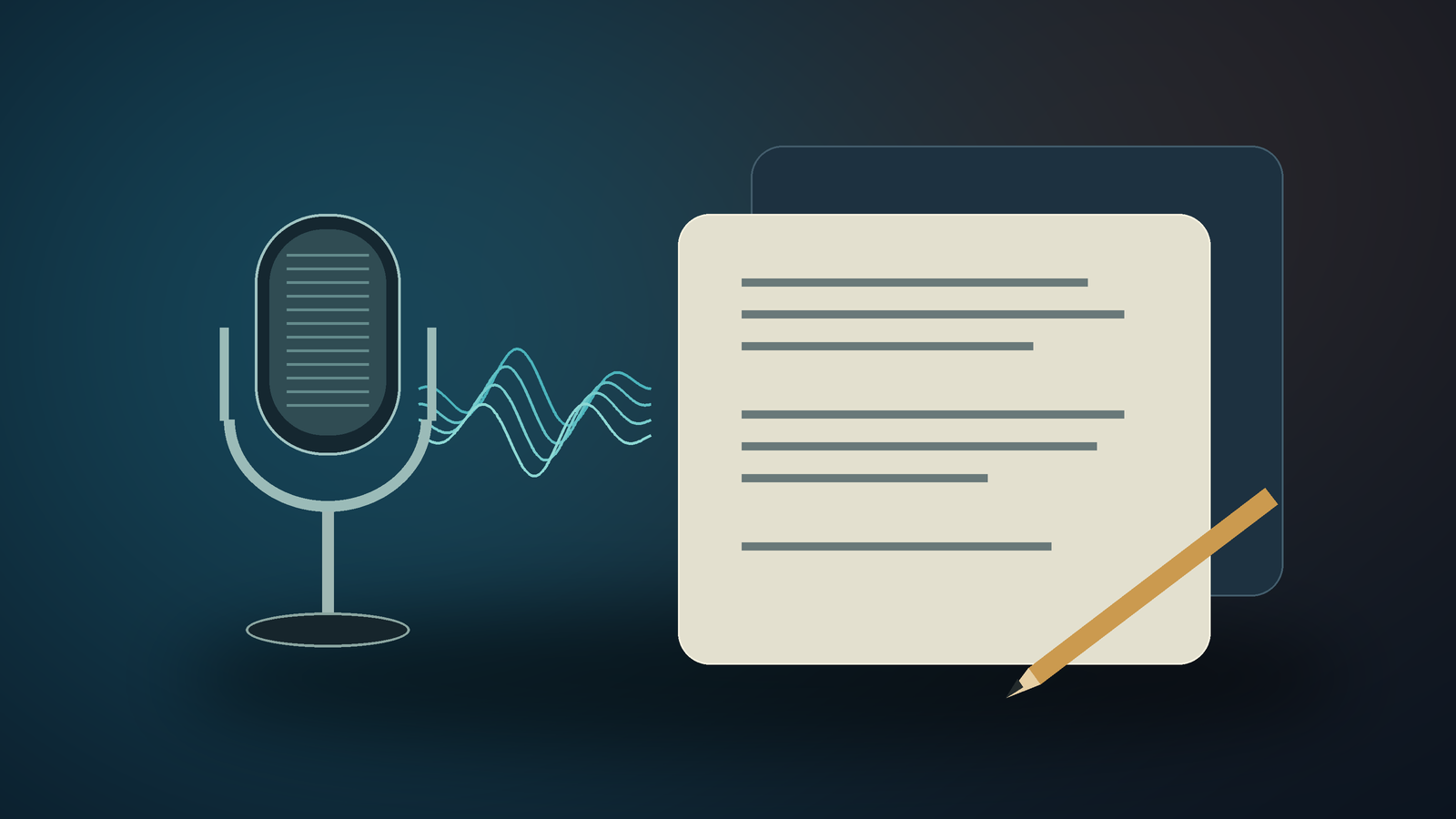 Original editorial illustration of a microphone passing sound waves toward an editable document and pencil