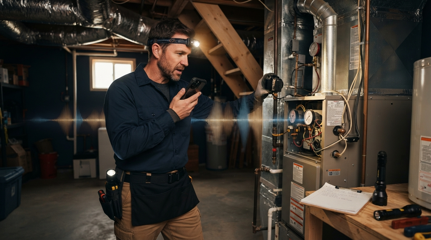 Home inspector dictating observations while examining residential HVAC equipment