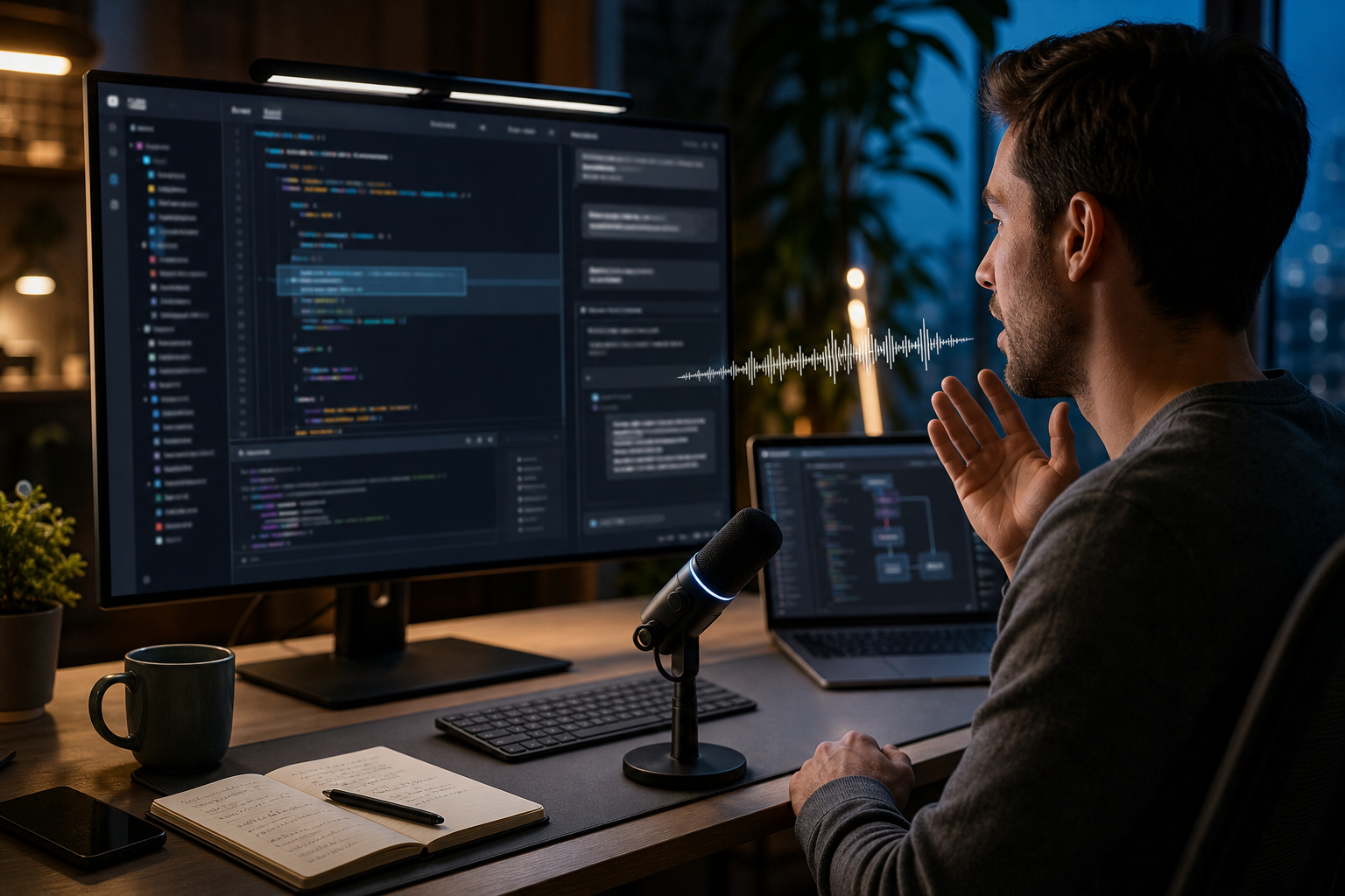 A developer dictating into an AI coding editor at a desk with code on screen and no visible brand logos
