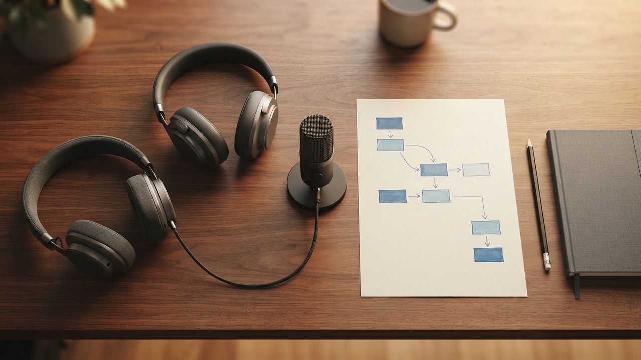 Microphone and two unbranded headphones beside a blank step diagram and notebook