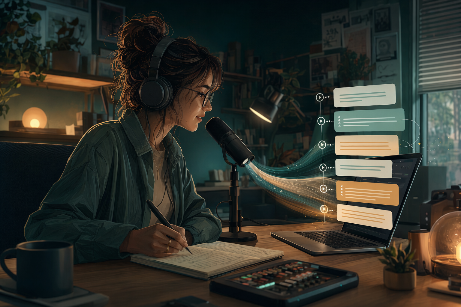 Editorial illustration of a podcaster turning spoken ideas into show notes