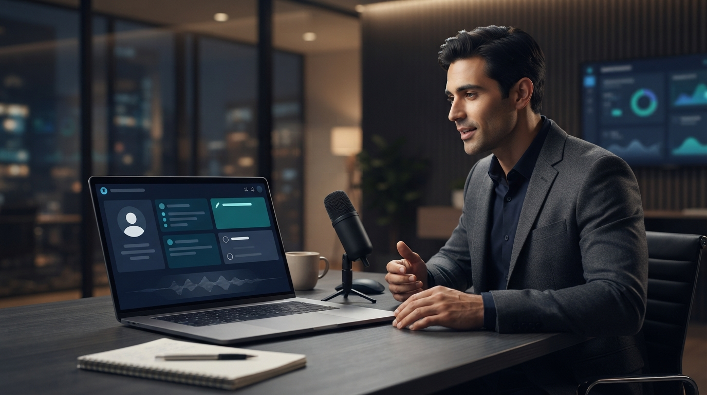 Sales professional dictates organized CRM notes and follow-up tasks into a laptop after a customer meeting.