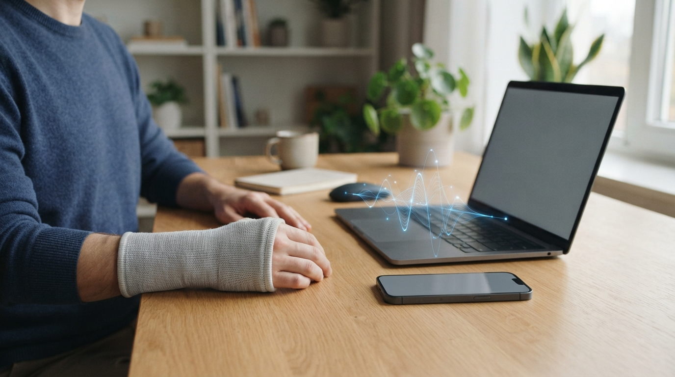 Person with a wrist brace using voice input beside a smartphone and laptop