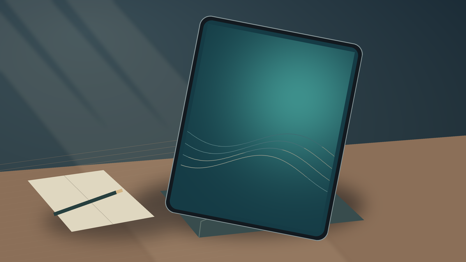 Conceptual editorial illustration of a compact tablet on a folio beside paper and a pencil