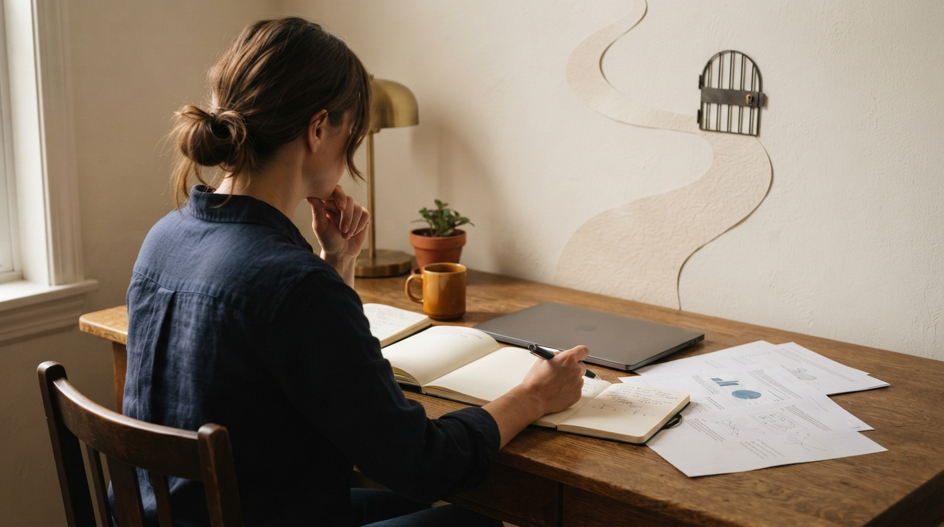 Researcher taking notes at a desk