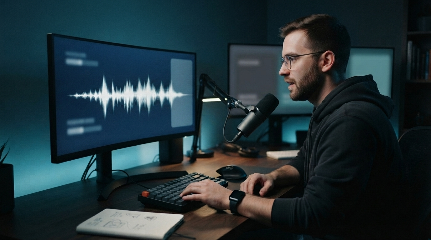 Developer using local voice dictation with an abstract waveform in a terminal workspace