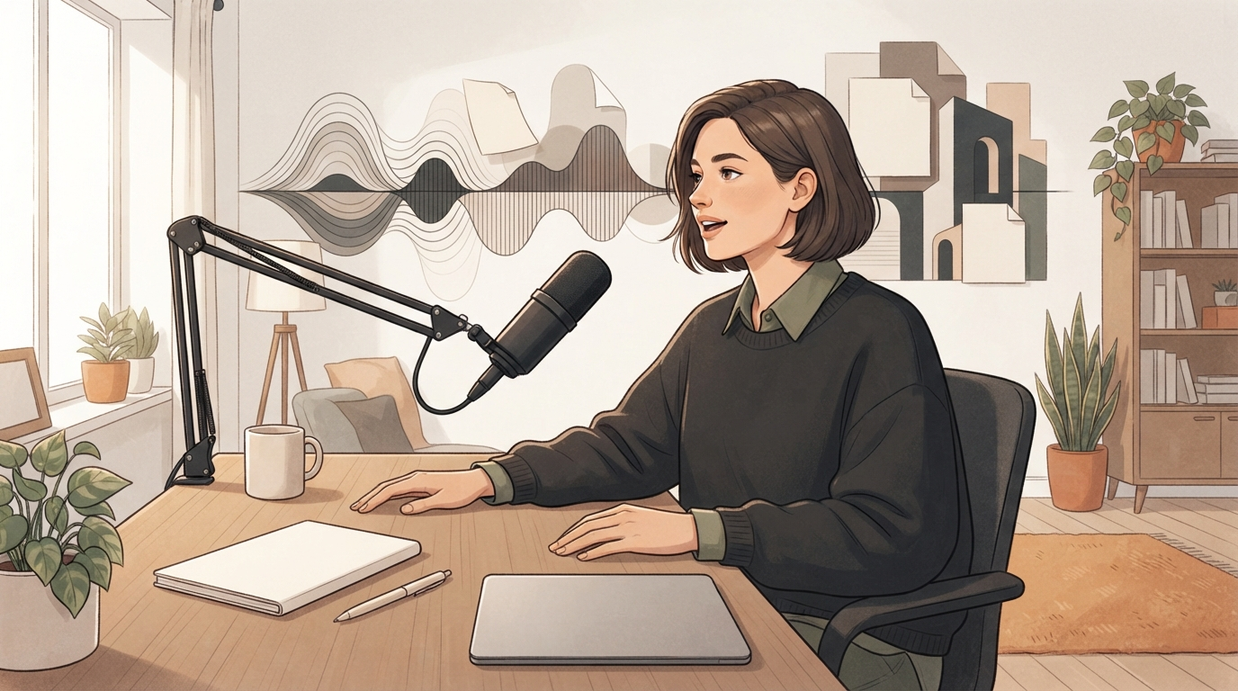 Writer using voice dictation at a desk