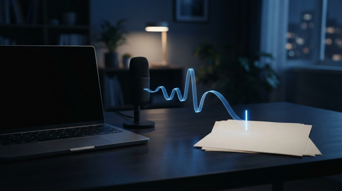 Desktop microphone sending a blue speech waveform toward a text cursor beside an unbranded laptop