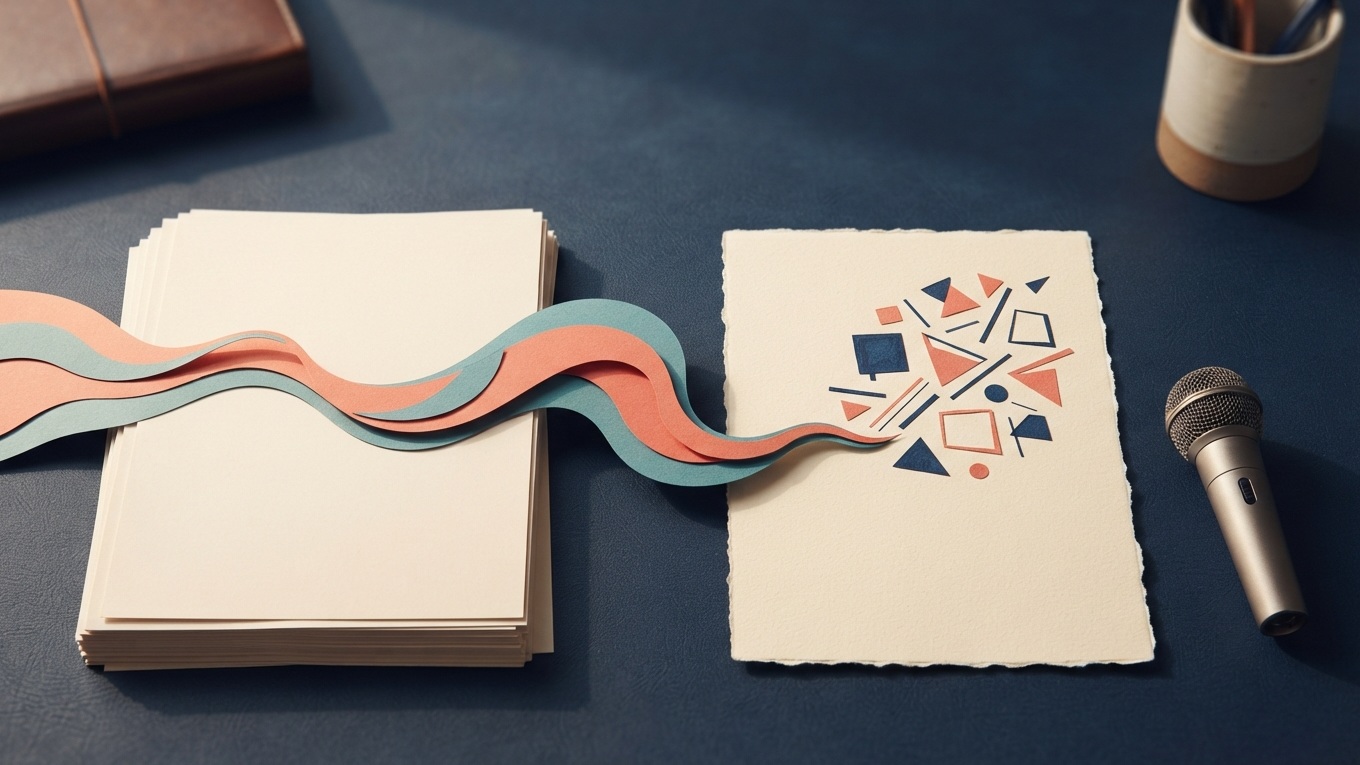 Editorial paper collage of a spoken idea becoming a distinct draft beside generic blank pages and an unbranded microphone