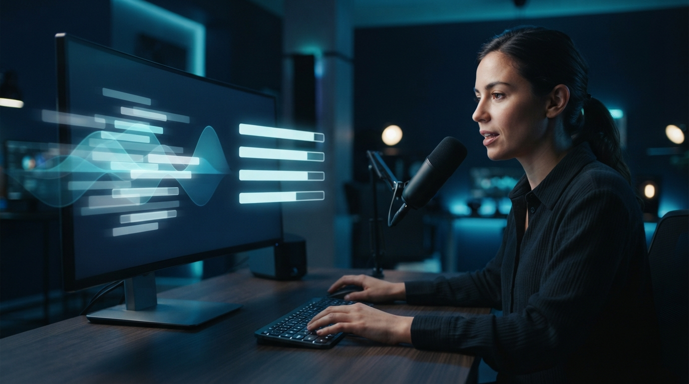 Person dictating beside a screen that changes from unstable speech bars to a clean final transcript