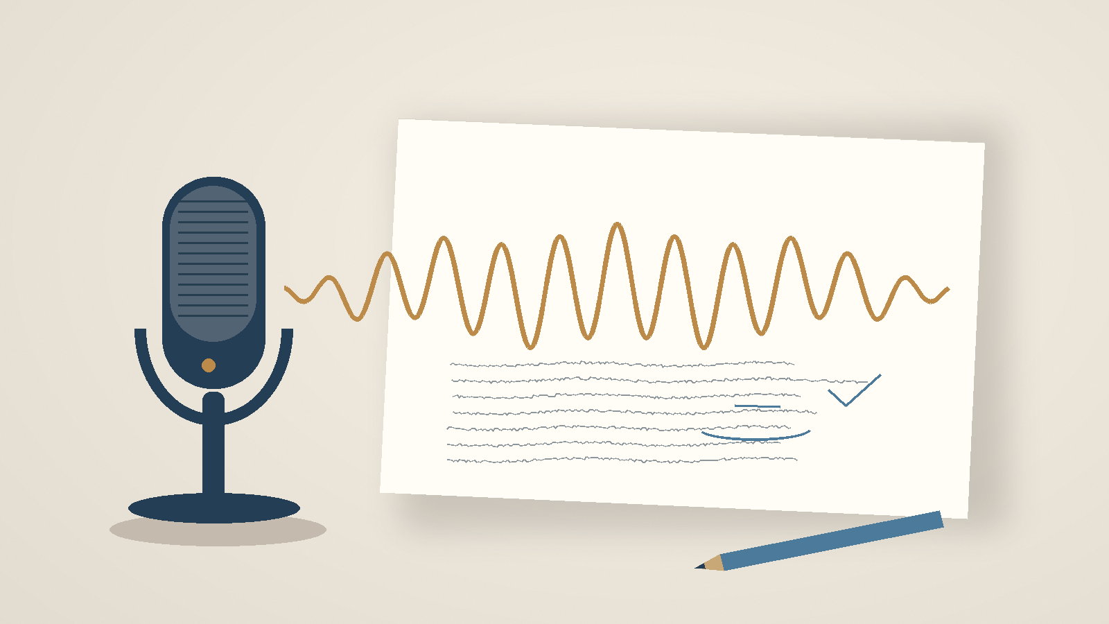 Desktop microphone with a speech waveform flowing onto a draft page, blue editing marks, and a pencil