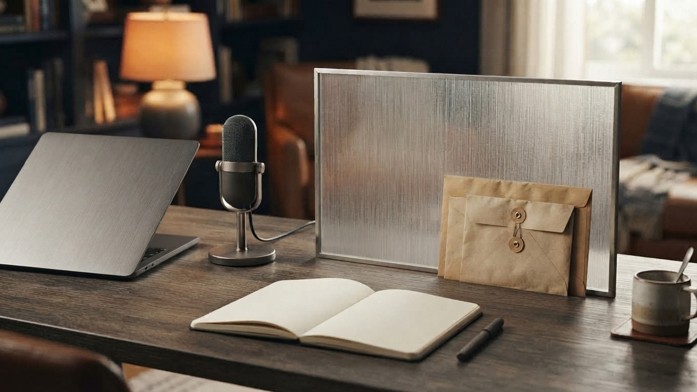 Unbranded microphone, blank notebook and sealed correspondence at a writing desk