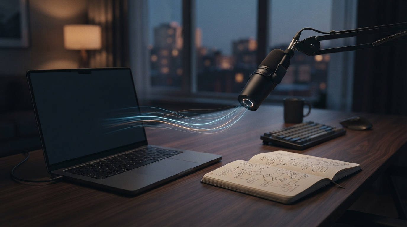 Microphone and laptop representing an editable voice input workflow