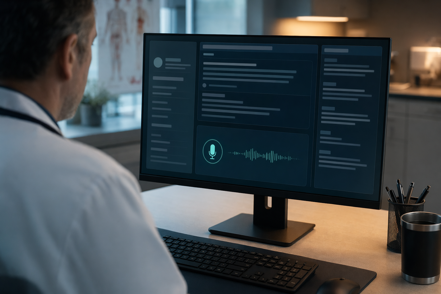 Clinician using voice dictation at a Windows desktop in a medical office