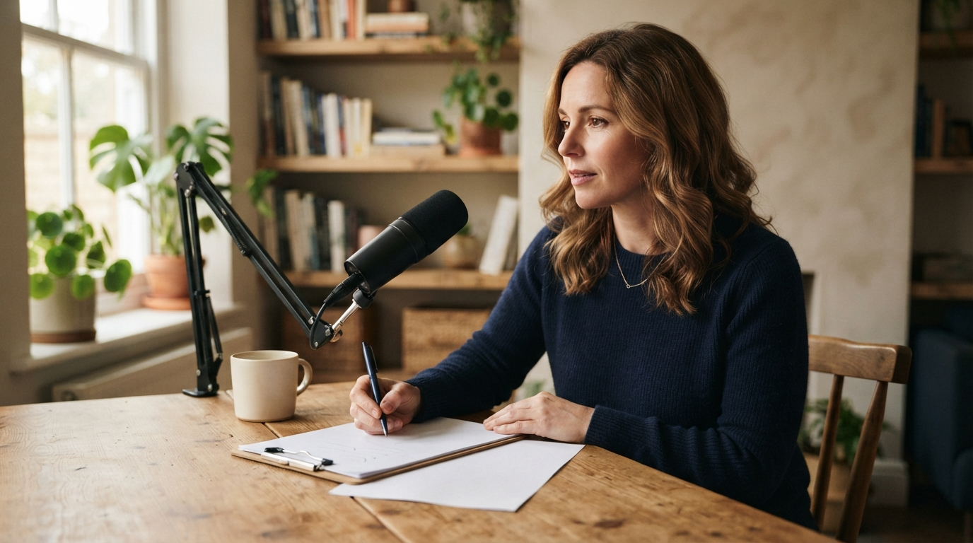 A professional dictating and reviewing a blank document