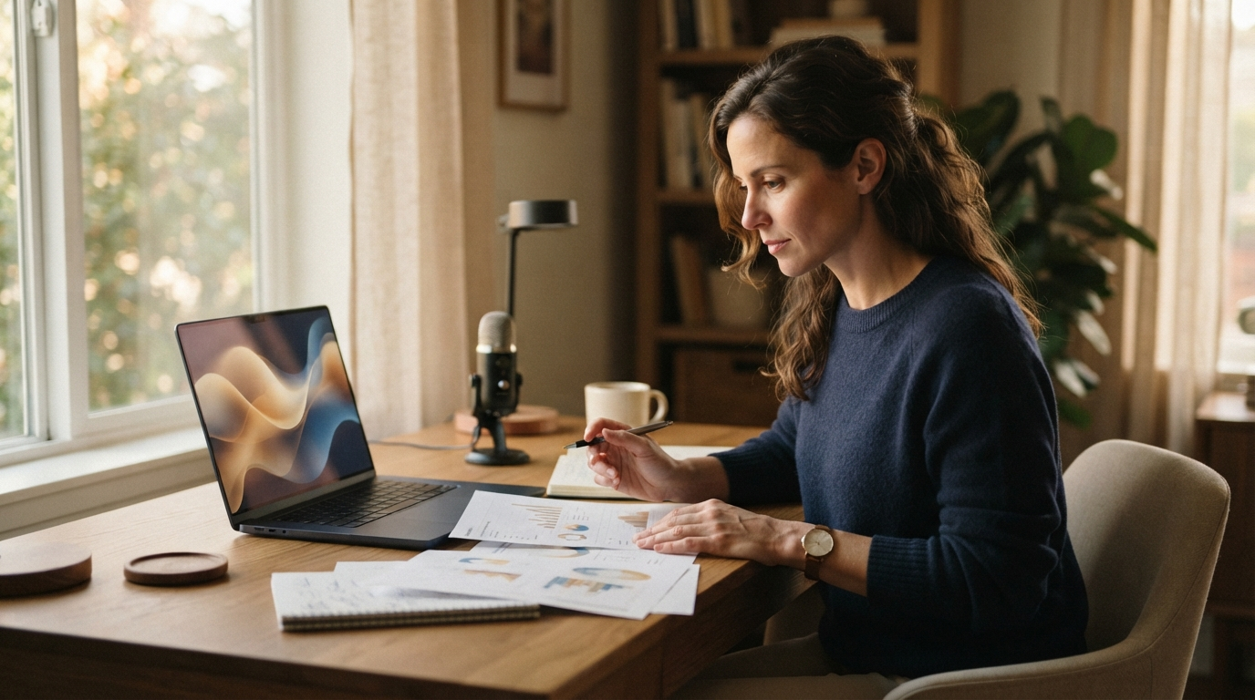 Professional reviewing documents beside a microphone