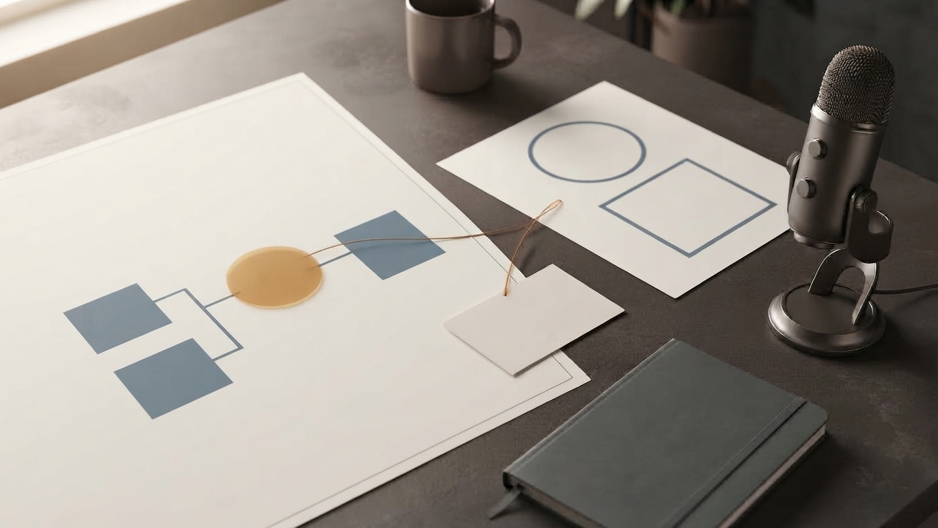 Minimal document shapes with an amber region marker and an unbranded desktop microphone