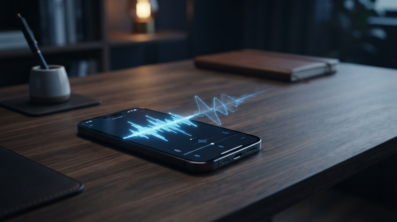 Smartphone on a desk showing an audio waveform with a delayed echo