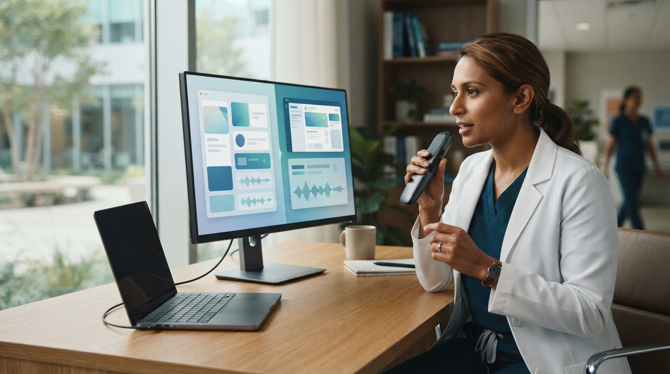 Clinician using a handheld dictation microphone beside a Mac-style clinical workstation
