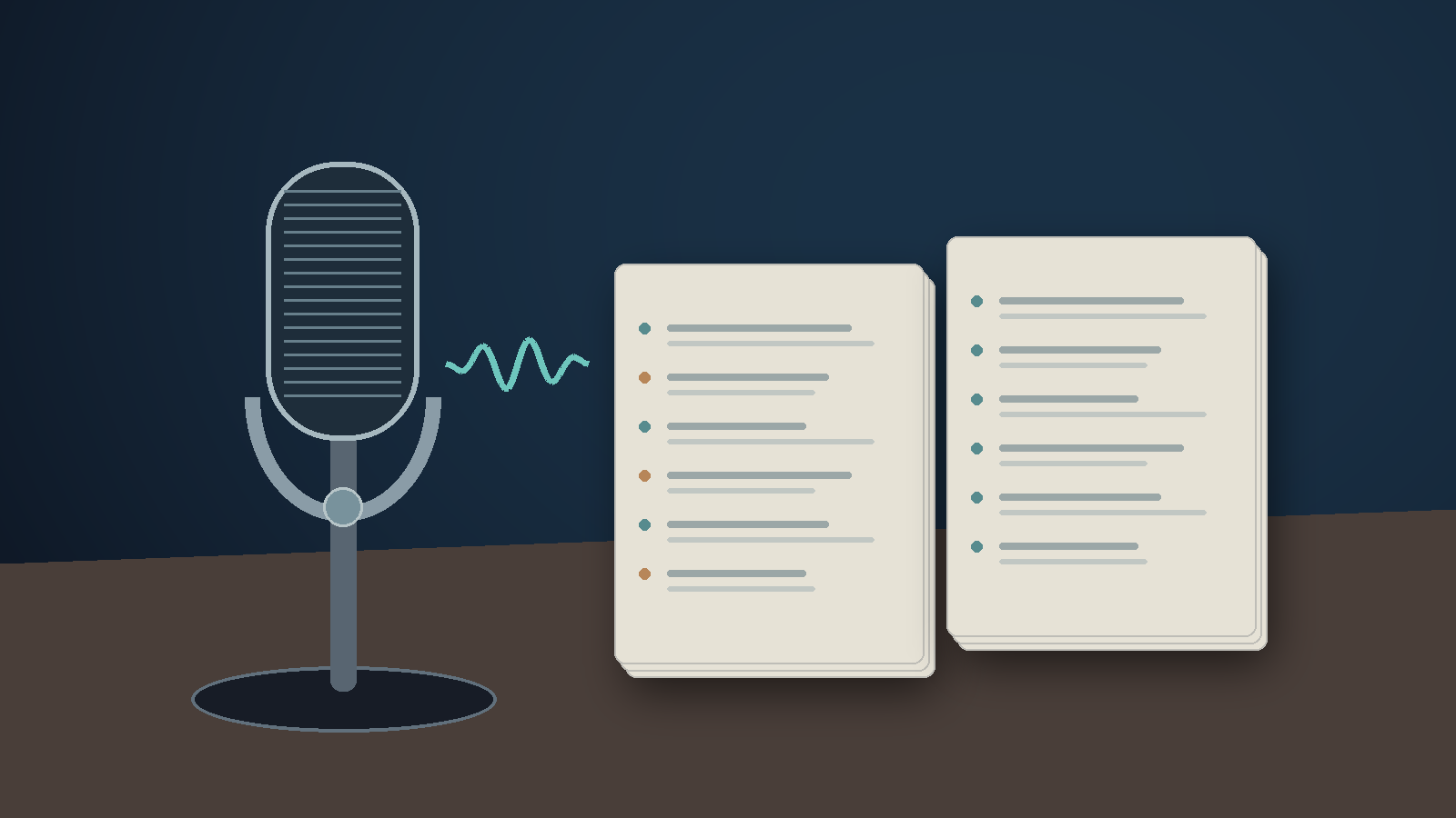 Original conceptual illustration of recorded speech and speaker-attributed transcripts beside a desk microphone