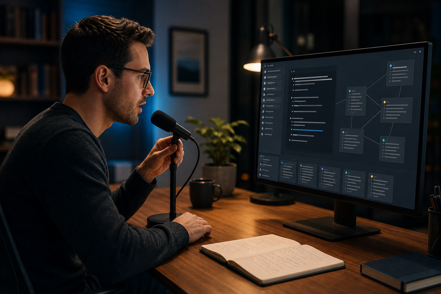 Knowledge worker dictating ideas into a digital notes and database workspace