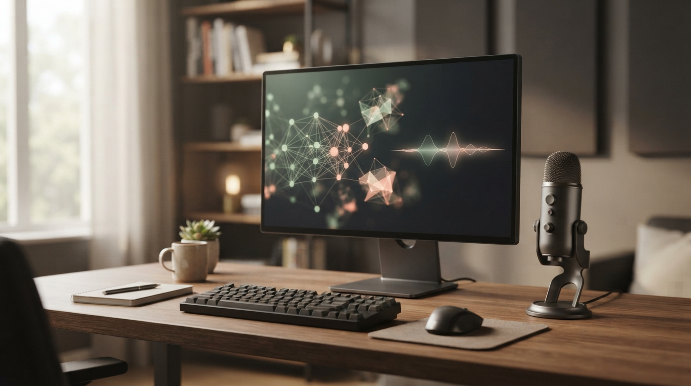 Unbranded desktop voice workflow with microphone and abstract audio visualization