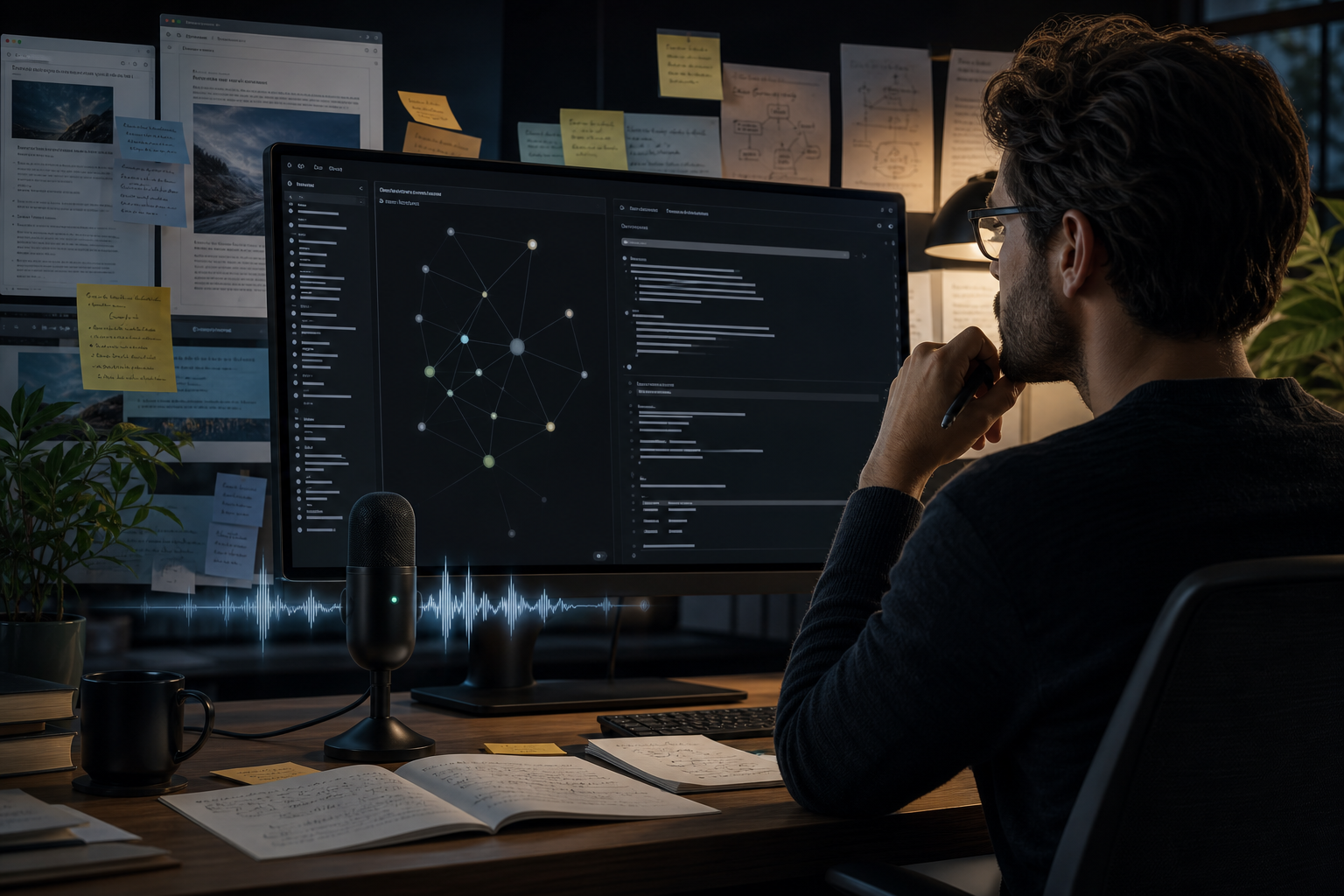 A knowledge worker dictating into a dark linked-note workspace with Markdown-style notes, a graph view, and a desk microphone