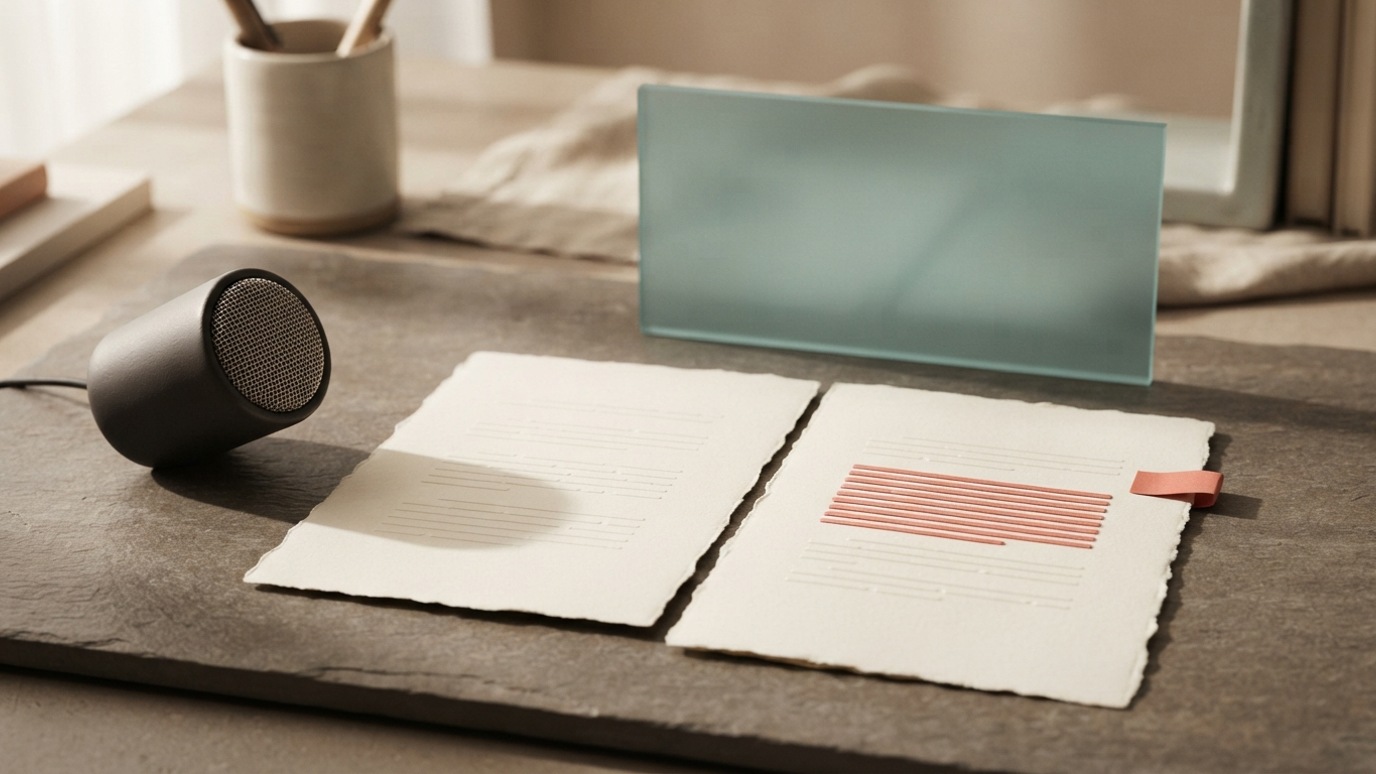 Editorial still life of a microphone and paper draft with one marked passage beside an abstract conversation panel