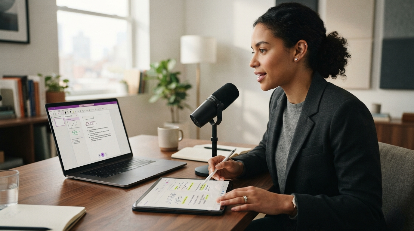 A professional using voice dictation to capture structured notes on a digital notebook setup