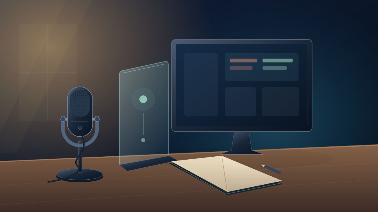 Original editorial illustration of an abstract code comparison, separate verification panel, notebook, and microphone