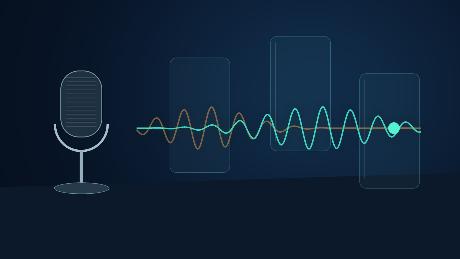 Original editorial illustration of a microphone and offset teal and amber voice signals crossing translucent panels