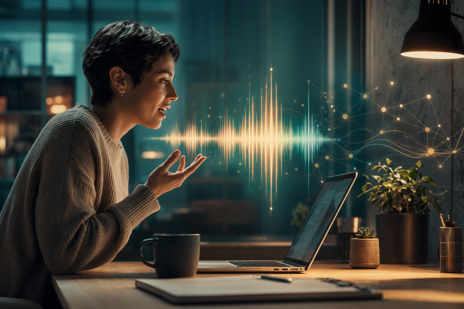 Person dictating into a laptop with abstract voice model waveforms