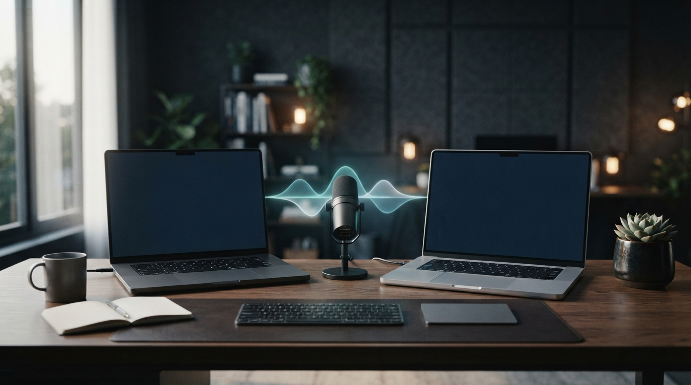 Two laptops and a desktop microphone connected by a glowing audio waveform in a modern office