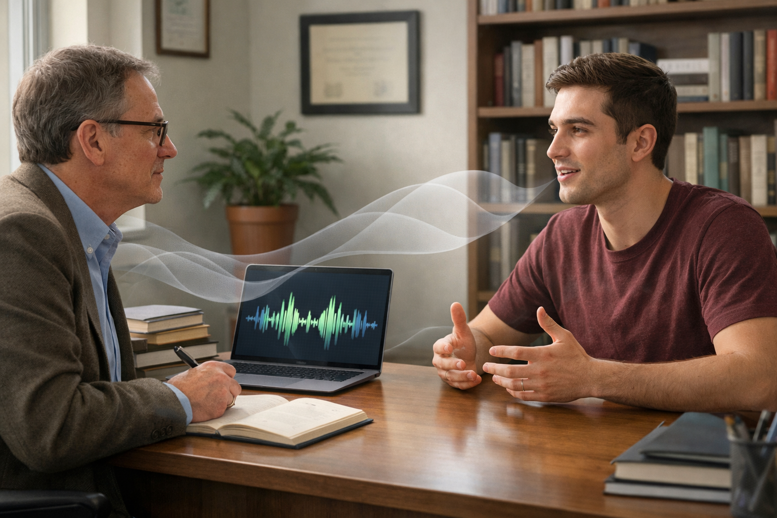 Professor listening to a student during an oral exam while a laptop captures speech as text