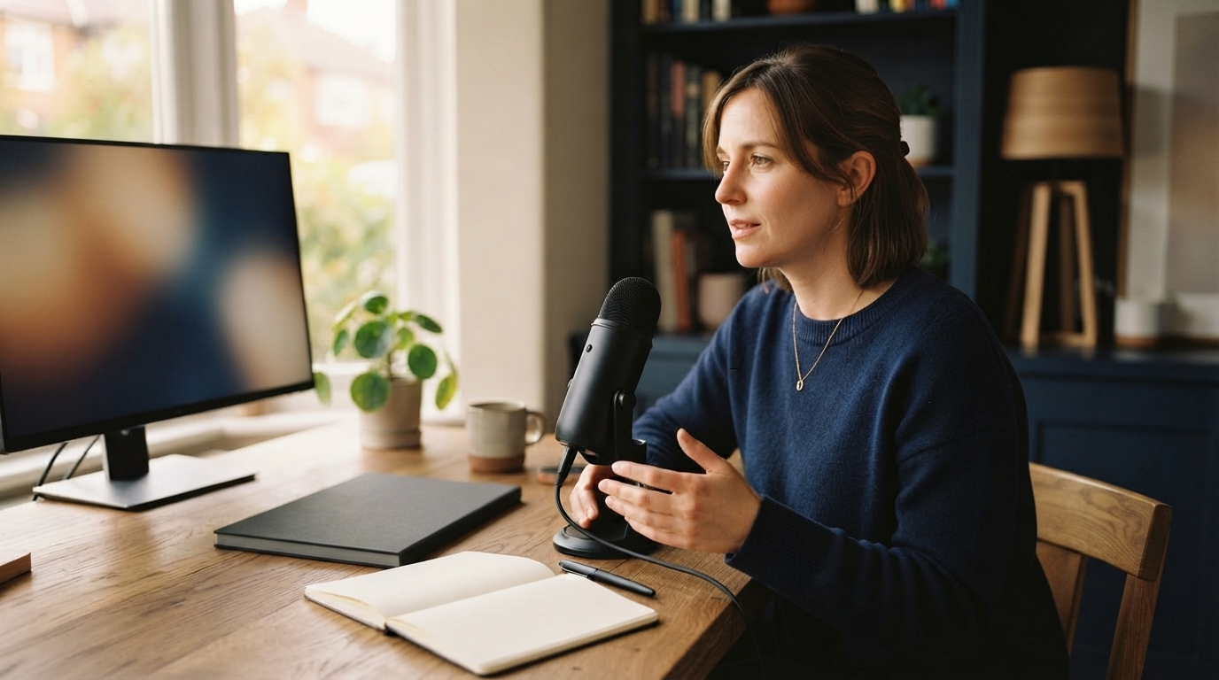 A person capturing a note with a microphone at a desk