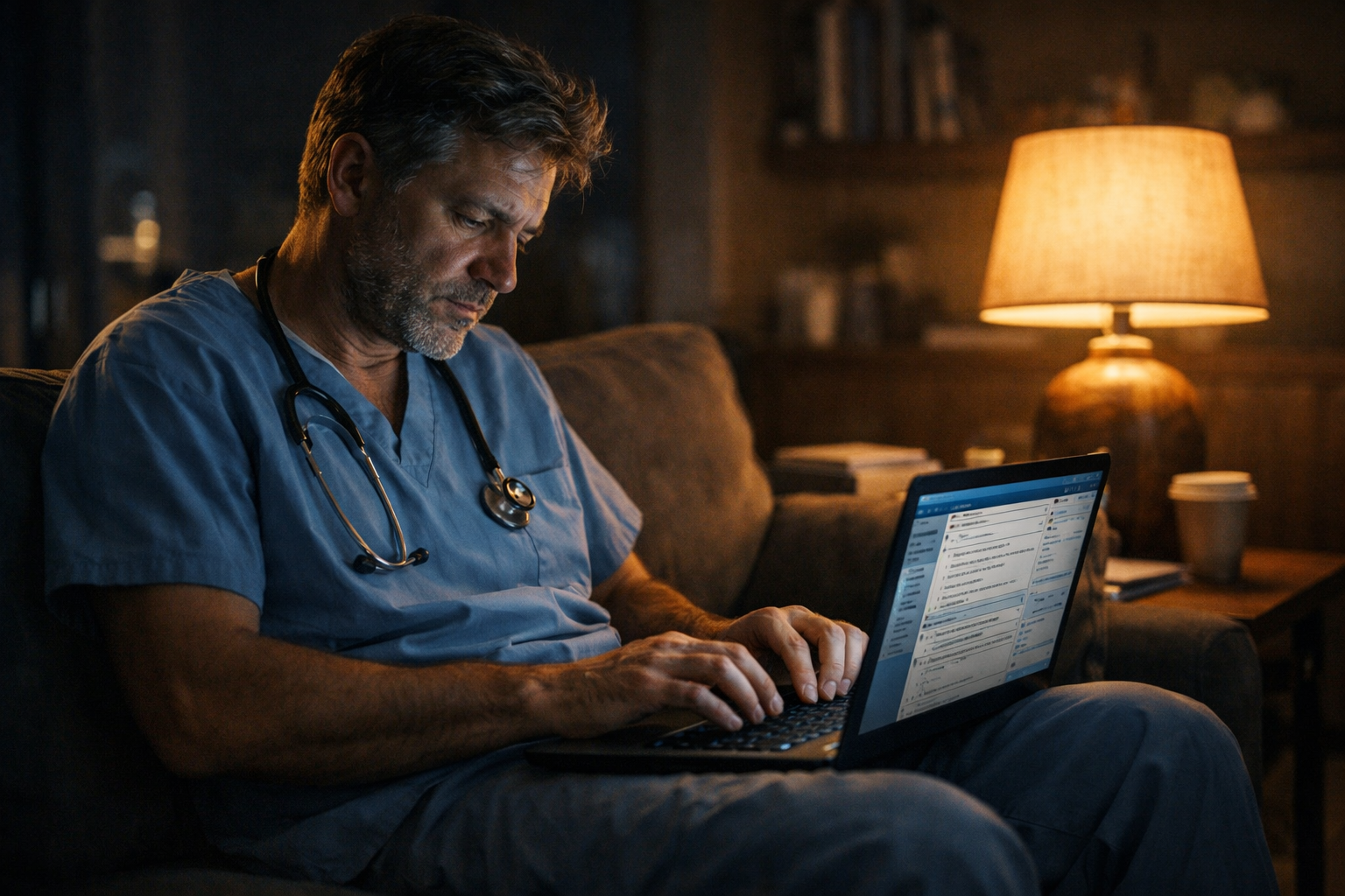 A doctor in scrubs charting on a laptop late at night
