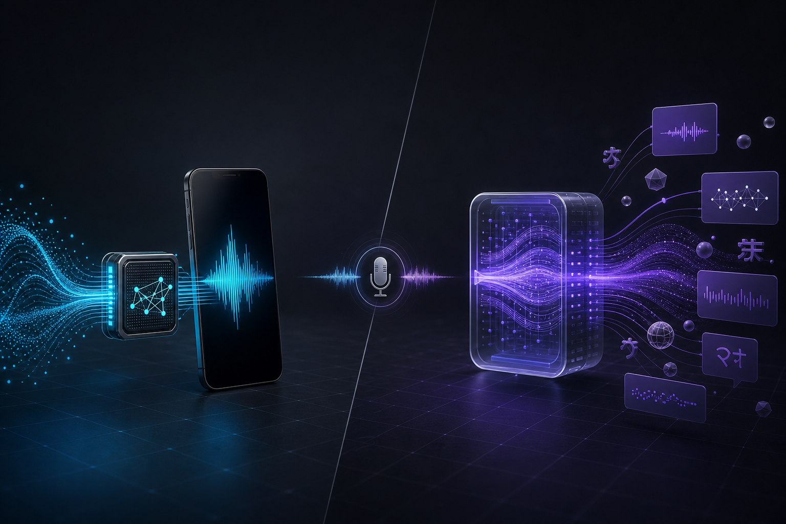 Split-screen illustration of two local speech-recognition paths: a fast cyan on-device path and a flexible violet vocabulary path