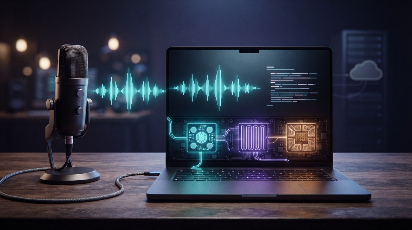 An unbranded microphone feeds speech into three local processing stages inside a laptop