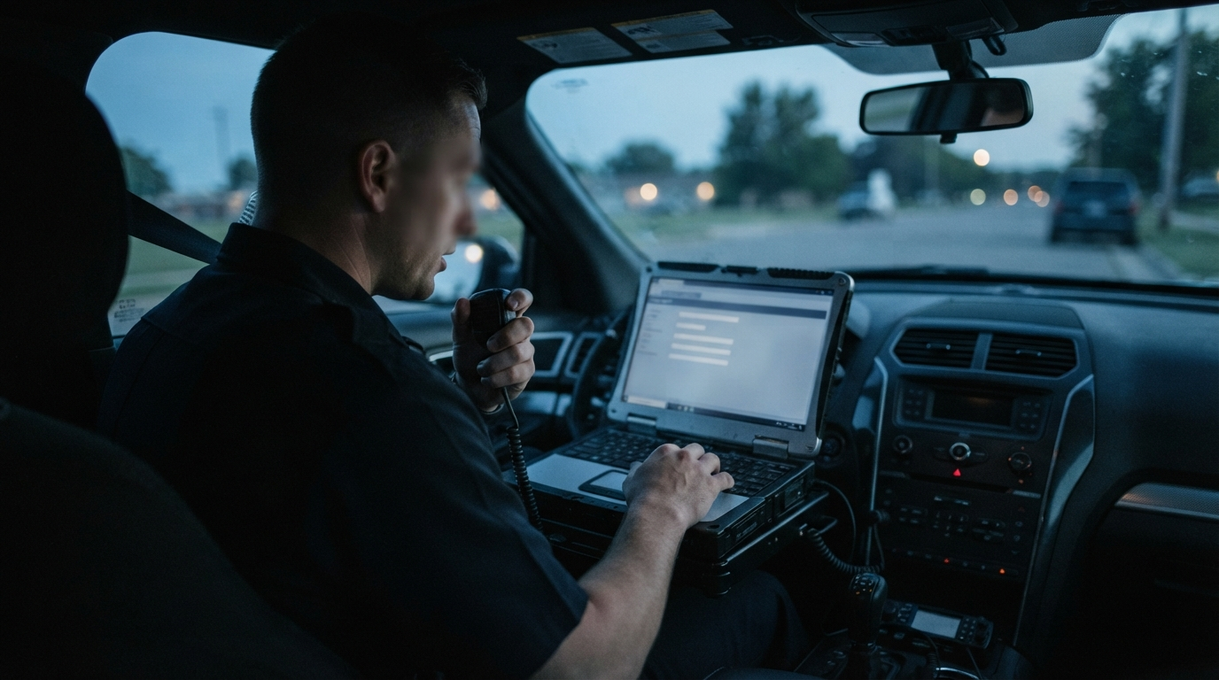 Officer reviewing a report on a patrol-car laptop while using a push-to-talk microphone