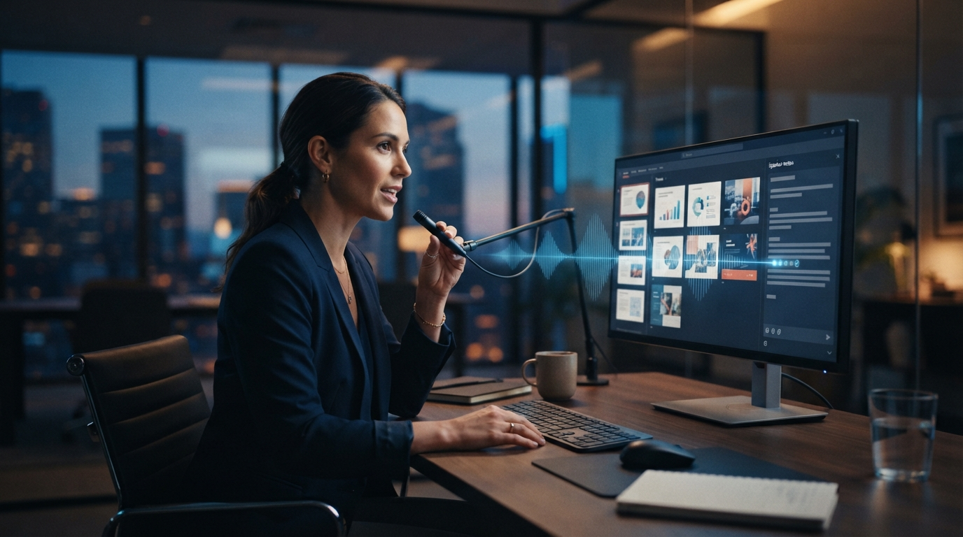 A professional dictating speaker notes while editing a presentation