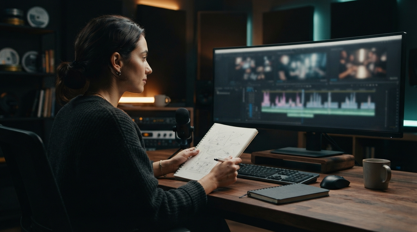 Video editor reviews a storyboard note beside a muted timeline