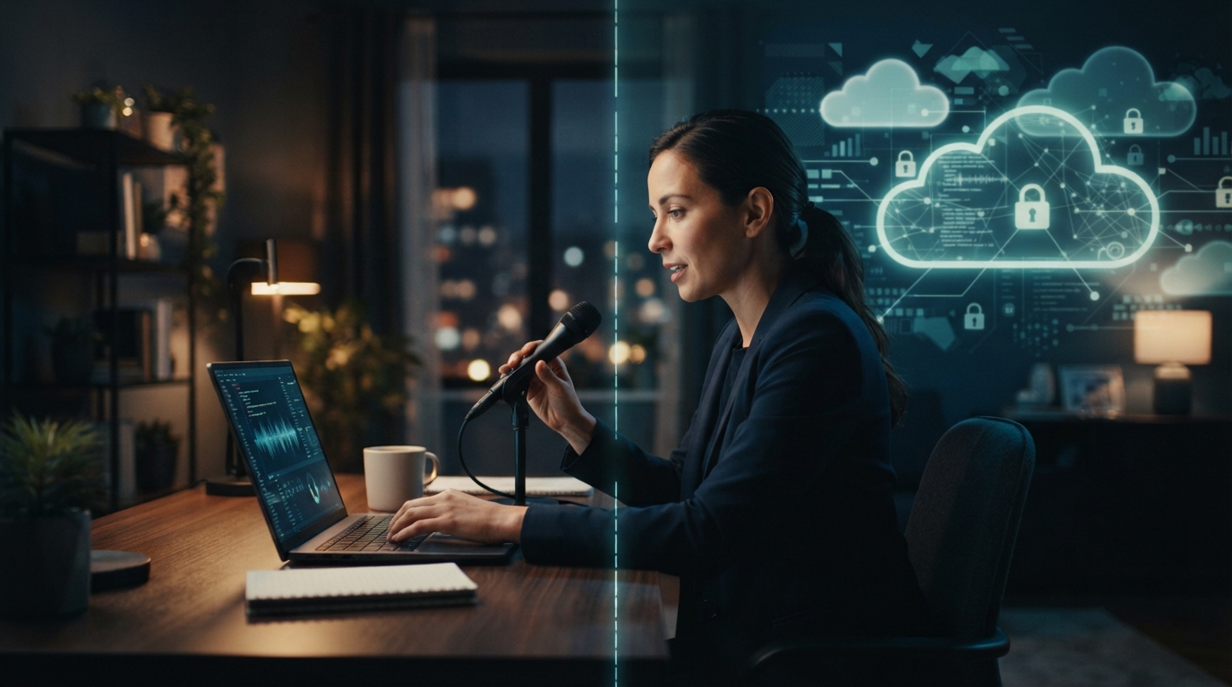 Editorial illustration of private voice dictation and cloud data concerns
