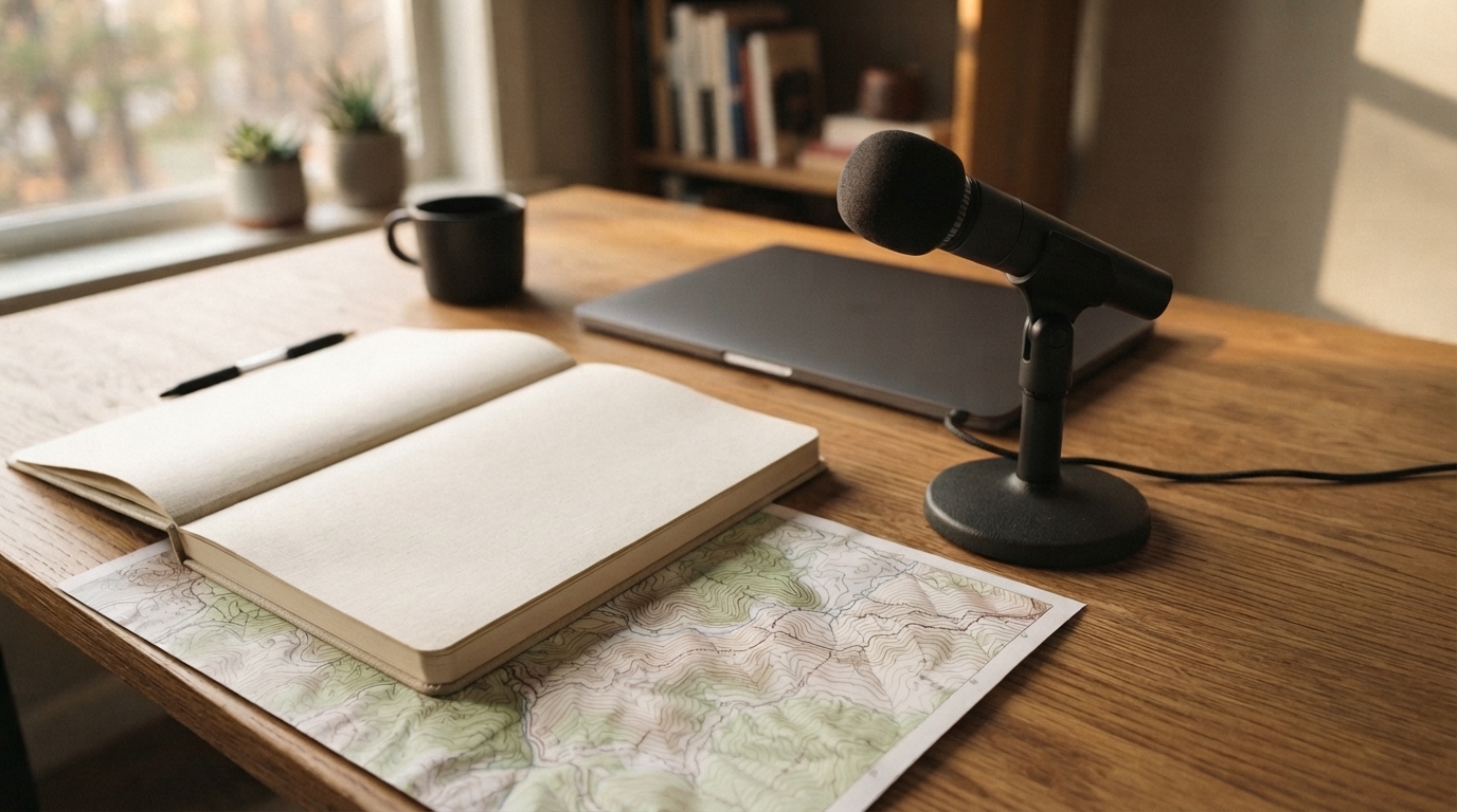 Unbranded microphone and blank notebook beside an unlabeled topographic map