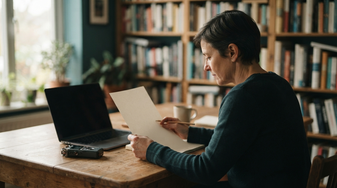 An editor reviewing a blank draft at a desk
